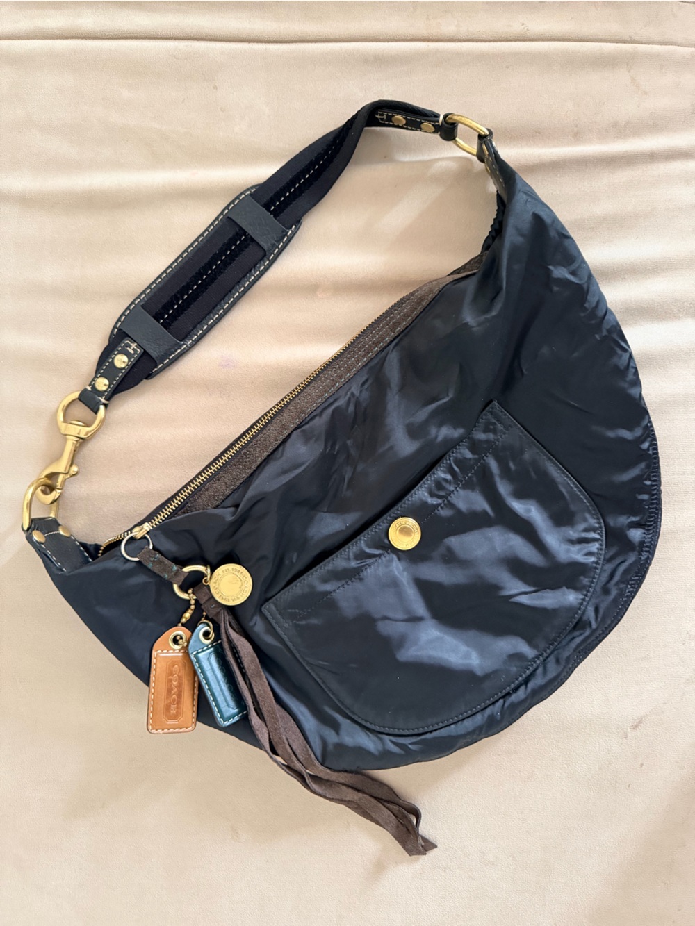 Coach hobo Black Nylon Belt Bag with Brass accents and tassel